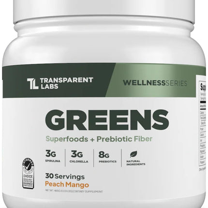 Transparent Labs Prebiotic Greens - Superfood Powder & Antioxidants Supplement with Organic Spirulina, Chloerra, Acacia, & Green Banana Powder - 30 Servings, Peach Mango