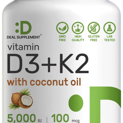 DEAL SUPPLEMENT Vitamin D3 5,000 IU + K2 MK7 100mcg Softgels | 2-in-1 Complex with Virgin Coconut Oil | Supports Heart, Bone, Teeth & Immune Health | Easy to Swallow