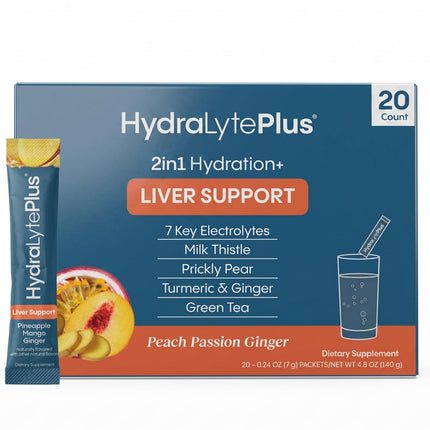 Hydralyte Liver Support + Electrolyte Mix with Milk Thistle, Turmeric, Ginger, Prickly Pear, Green Tea Extract Formulated for Rapid Rehydration (Peach Passion Ginger, 20 Packets)