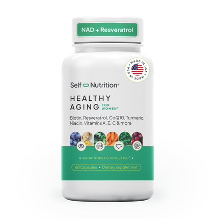 SELF NUTRITION NAD+ Resveratrol Supplement for Women – Healthy Aging Formula with CoQ10, Biotin, Turmeric & Vitamins A, C, E – Supports Energy, Skin & Longevity – 60 Capsules. Made in USA.
