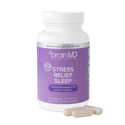 BRAINMD Stress Relief & Sleep Supplement - Natural Calming Formula with GABA & Magnesium - 60 Capsules