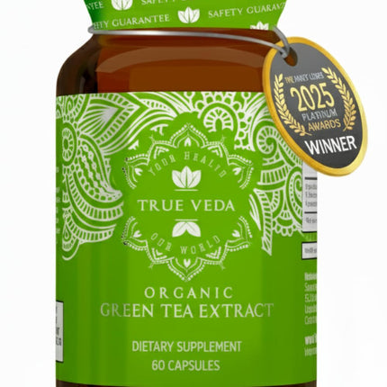 True Veda USDA Organic Green Tea Extract Capsules with EGCG | Premium Plant-Based Green Tea Pills | EGCG Supplements | Low Caffeine | 60 Vegan Capsules