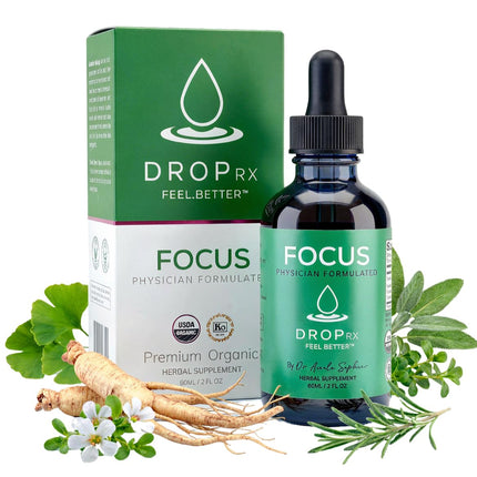 DropRx Focus - Organic Focus Supplement for Brain Health & Memory - Ginseng, Ginkgo, Bacopa, Rosemary, Sage - Cortisol Drops, Adrenal Support, Tincture Herbs for Brain Fog, Clarity, Attention (2fl.oz)