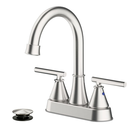 Bathroom Sink Faucet 4 Inch 2 Handle Centerset Brushed Nickel Lead-Free Modern Bathroom Faucet Vanity Faucet with Pop-up Drain Stopper and Supply Hoses