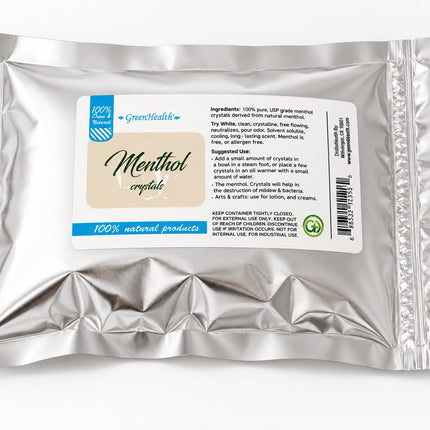 GreenHealth Premium Menthol Crystals – 1 lb (16 oz) | 100% Pure Natural Menthol Crystals | Strong Mint Aroma | Food-Grade Metallized Poly Bag | Melting Point 95–107°F