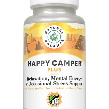 Natural Balance Happy Camper Plus - Supports Relaxation, Mental Energy, Occasional Stress w/KSM-66 Ashwagandha, L Theanine 200mg, Passion Flower, Lemon Balm, Holy Basil, 60-Day Guarantee, 30 Servings
