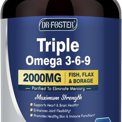 Triple Omega 3-6-9 Fish Oil 2000mg with Vitamin E - EPA & DHA Fatty Acids Supplement - Supports Heart, Brain, Eye, Joint, Skin & Immune Health - Includes Flaxseed & Borage, Non-GMO, 120 Softgels