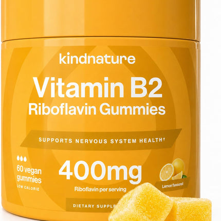 kindnature Vitamin B2 Gummies - Riboflavin 400mg Supplement for Kids & Adults - Non-GMO, Soy & Gluten-Free, Vegan Chewable Gummies (30 Day Supply)
