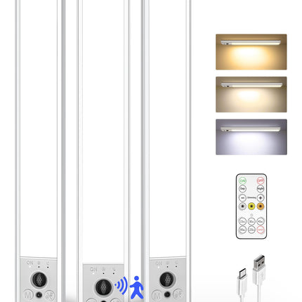 EZVALO 3-Pack 10inch Under Cabinet Lighting with Remote, 2400mAh Rechargeable Motion Sensor Lights, Magnetic Dimmable Closet Light, Timer, 3 Color Temps Wireless Lights for Kitchen, Pantry, Stair