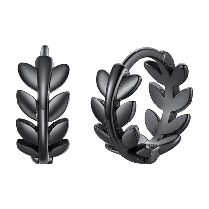 FaithHeart Small Black Leaf Hoop Earrings for Women, Black Stainless Steel Huggie Hoops Earrings Lightweight Hypoallergenic Jewelry for Sensitive Ears