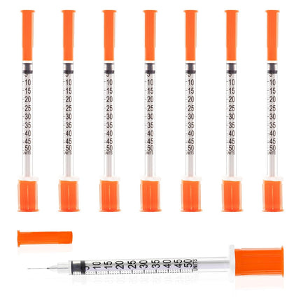 U-100 Syringe with Needle, 30G 1/2cc 5/16 Inch (8mm) Syringe, Individually Wrapped, Pack of 50