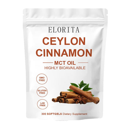 HKJHKJ ELORITA Ceylon Cinnamon Soft Gels with MCT Oil, Highly bioavailable Herbal extracts, Non-GMO, Gluten-Free. Easy-to-Swallow softgels - 300 softgels (1)