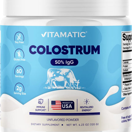 Vitamatic Bovine Colostrum Powder - 50% Highest IgG -120 Gram - Supplement for Gut Health, Hair Growth, Beauty, Muscle Recovery, & Immune Support - Easy to Mix - Unflavored - 60 Servings