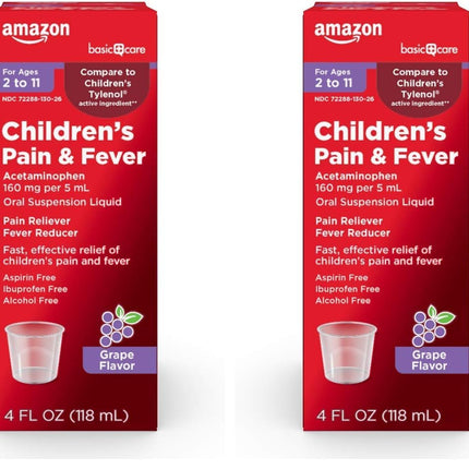 Amazon Basic Care Children's Acetaminophen 160 mg per 5 mL Oral Suspension, Grape Flavor, Pain Reliever and Fever Reducer for Headache, Sore Throat and Toothache, 4 fl oz (Pack of 2)