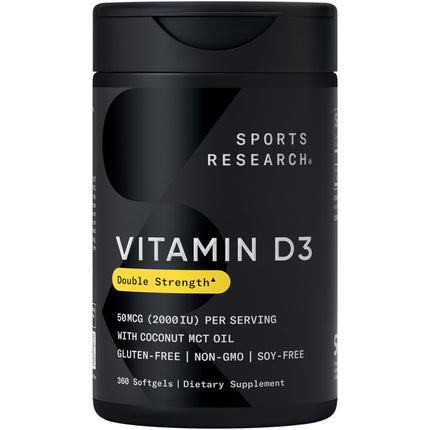 Sports Research Vitamin D3 2000 IU with Coconut MCT Oil - Double Strength Vitamin D Supplement - Non-GMO Verified, Gluten & Soy Free – 50mcg, 360 Liquid Softgels