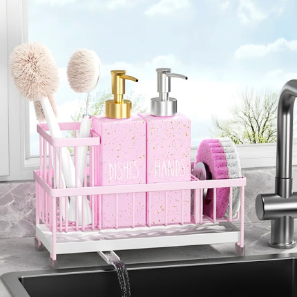 Cisily Kitchen Soap Dispenser Set with Sink Caddy, Glass Bottle, Hand and Dish Soap Dispenser Set with Sponge Holder (Pink Bottles + Pink Sponge Holder)