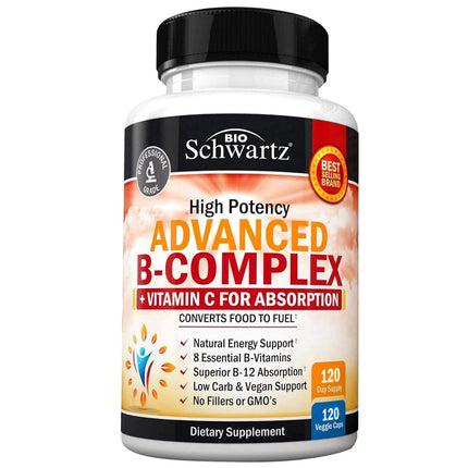 Vitamin B Complex with Vitamin C for Maximum Absorption - Methylcobalamin b12 & Folate Folic Acid Supplement - B1 B2 B3 B5 B6 B7 B9 for Immune Energy & Nervous System Support - Non-GMO, 120 count