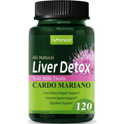 Herbmood Silymarin Milk Thistle Liver Detox Capsules for Fatty Liver, Alcachofa y Cardo Mariano con Silimarina para el Higado Graso, Liver Cleanse Detox & Repair Formula w/Artichoke Extract. 120Count