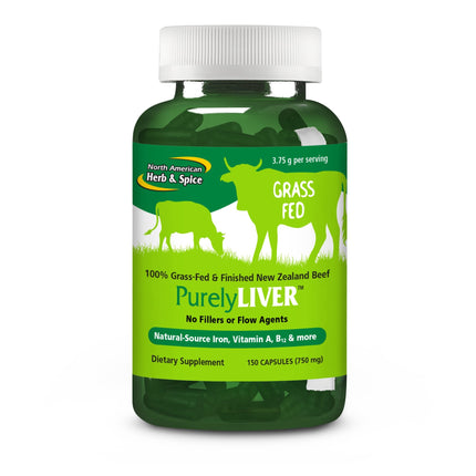 NORTH AMERICAN HERB & SPICE PurelyLiver - 150 Capsules - 100% Grass-Fed, Finished New Zealand Beef with Vitamin A, B12 & Iron - 30 Servings