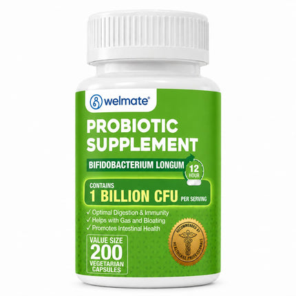 WELMATE Bifidobacterium Longum 1 Billion CFU Probiotic Capsules - Gut Health, Immune Support, Gas & Bloating Relief - Gluten Free, Vegan - Men & Women - 200 Count (200 Day Supply)