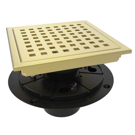 WEBANG 6 Inch Square Shower Floor Drain with Flange,Quadrato Pattern Grate Removable,Food-Grade SUS 304 Stainless Steel,Watermark&CUPC Certified, Brushed Gold
