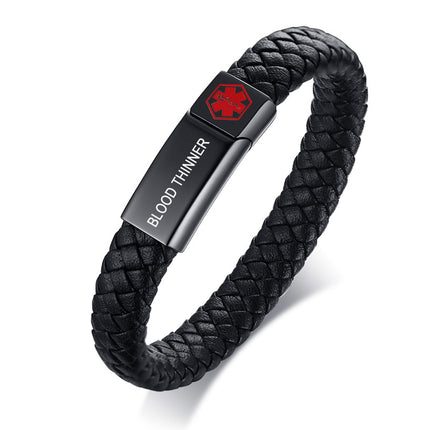 MEALGUET BLOOD THINNER Braided Genuine Leather Medical ID Wristband Mens Medical Alert Leather Bracelet with Stainless Steel Clasp
