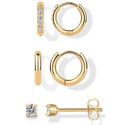 PAVOI CZ Huggie Set, Yellow Gold, Size 3 Millimeters, 12 Millimeters