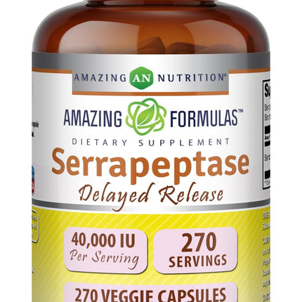 Amazing Formulas Serrapeptase Supplement | 40,000 IU | Veggie Capsules | Non-GMO| Gluten Free | Made in USA (270 Count)