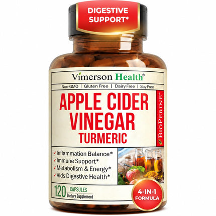 Organic Apple Cider Vinegar Capsules – Turmeric and Apple Cider Vinegar, Ginger Root + Bioperine for Max Absorption – Aids Metabolism, Energy & Inflammation Balance – Tumeric ACV Capsules - 120 Count