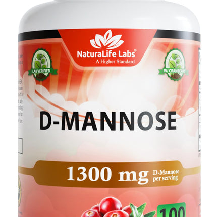 NaturaLife Labs Organic D-Mannose 1300 mg with Organic Cranberry Extract 100 mg per Serving – 100 Capsules – Non-GMO, Gluten-Free, Vegan