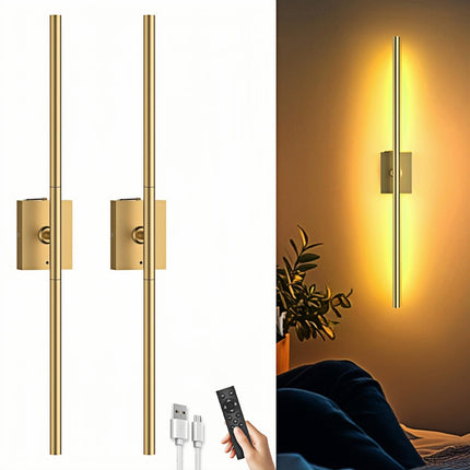 Battery Operated Wall Sconces Set of Two: Dimmable Wireless Wall Lights with Remote, 31-inch LED Rechargeable Sconces, 360° Lighting Wall Scone Decor for TV, Mirror, Bedroom, Living Room(Gold)