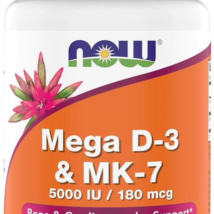 Now Supplements, Mega D-3 & MK-7, 5000 IU / 180 mcg, Bone & Cardiovascular Support*, Vitamins K-3 & K-2, 180 Capsules