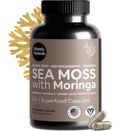Sea Moss Capsules – Irish Sea Moss with Black Seed Oil, Ashwagandha, Moringa, Ginseng & Ginger for Energy, Vitality & Wellness – Seamoss Nutritional Supplement – Made in USA – 60 Capsules