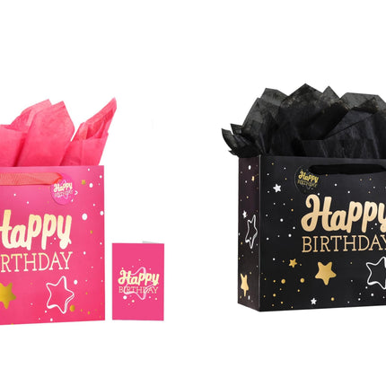 Powbrace 13" Pink + Black Happy Birthday Gift Bag with Tissue Paper and Greeting Card for Party,Happy Birthday Gift Bag for Men Women, Gift Bags Medium size(2 PCS Pink & Black)