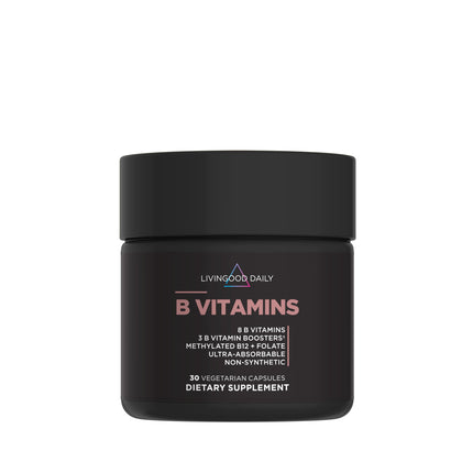 Livingood Daily Vitamin B Complex Capsules for Men and Women, Methylated B12 & Folate, 11 Active Forms Including B1 B2 B3 B5 B6 & Biotin, Gluten Free, Vegan B Vitamins for Hair Skin Nails, 30 Capsules