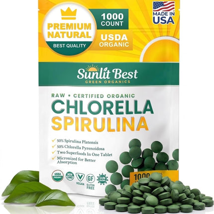 Sunlit Best Chlorella Spirulina Tablets - Organic USDA, Premium Spirulina and Chlorella Tablets 1000 Count - Sun Chlorella Pure Natural Superfood with Algae, Enzymes Chlorophyll & Vegan Protein
