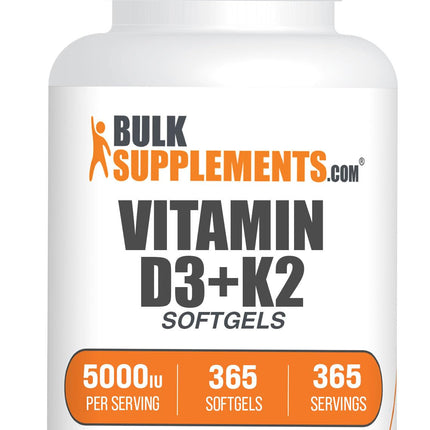 BulkSupplements.com Vitamin D3 + K2 5000 IU Softgels - D3 K2 Supplement, for Immune Health - Gluten Free, 1 Softgel per Serving, 365 Count (Pack of 1)