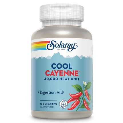 SOLARAY Cool Cayenne Pepper 40,000 HU, Cayenne Pepper Capsules, Digestion Aid, Bio-Cool Process, Lab Verified, 60-Day Money-Back Guarantee, 90 Servings, 180 VegCaps
