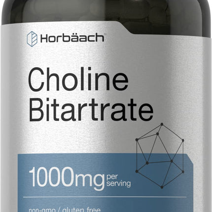 Horbaach Choline Bitartrate Supplement | 1000mg | 250 Capsules | High Potency | Non-GMO, Gluten Free