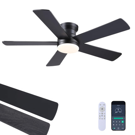 Ayaoty Ceiling Fans with Lights - 48" Black Flush Mount Ceiling Fan Light with 6 Speeds 3CCT Dimmable, Revesible Motor, Low Profile Fan Light for Modern Indoor Bedroom, Kitchen