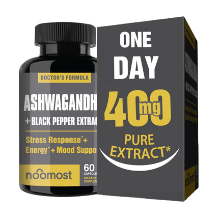 NooMost Ashwagandha Root Extract 15:1 with Black Pepper for Better Absorption - 60 Capsules - Natural Stress, Energy, Focus & Sleep Support - Adaptogen Supplement for Men & Women - Made in USA