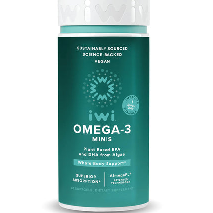 Iwi Omega-3 Mini Softgels (30 Servings), Easy to Swallow, Plant-Based Algae Omega 3 with EPA + DHA, Whole-Body Support Dietary Supplement, Krill & Fish Oil Alternative, No Fishy Aftertaste