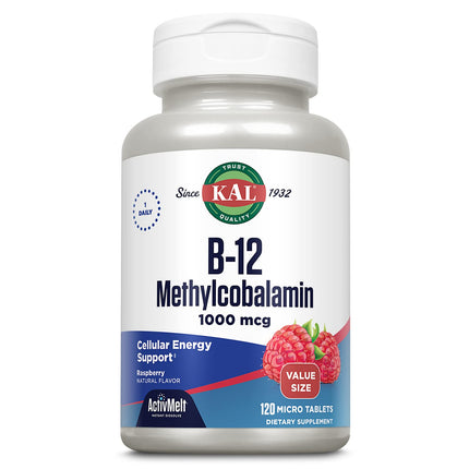 KAL Vitamin B12 Methylcobalamin 1000mcg, Healthy Energy, Metabolism, Nerve and Red Blood Cell Support, Fast Dissolve ActivMelt, High Absorption, Vegetarian, Natural Raspberry, 120 Serv, 120 Micro Tabs