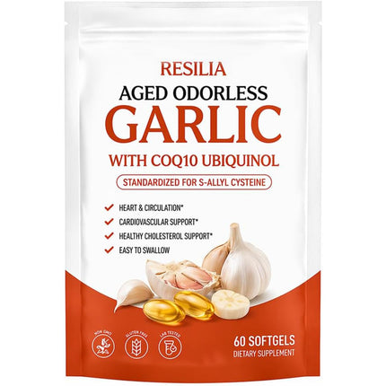 MiloLabCo Resilia Aged Garlic Extract Softgels with CoQ10 Ubiquinol, Odorless 2-Year Matured Garlic Supplement, Non-GMO, 60 Softgels