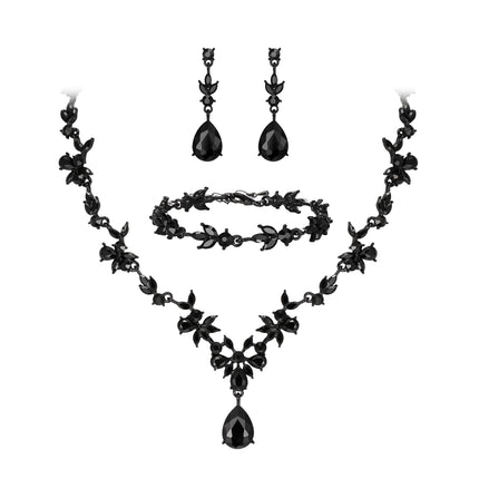 BriLove Wedding Jewelry Set for Women Bride, Y-Necklace Tennis Bracelet Dangle Earrings Set Crystal Teardrop Marquise Cluster Jewelry for Bridal Bridesmaid Black Black-Tone