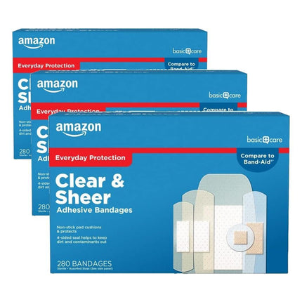 Amazon Basic Care Sheer and Clear Adhesive Bandages Family Variety Pack for Minor Cuts, Scrapes, First Aid and Wound Care Supplies, Assorted Sizes, 280 Count (Pack of 3)