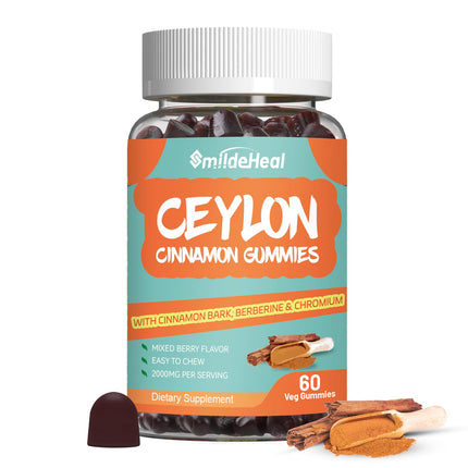 SmildeHeal 2 Pack Sugar Free Ceylon Cinnamon Gummies 2000MG, Cinnamon Supplement with Chromium and Cinnamon Bark, Vegan, Non-GMO, Gluten Free,120 Gummies