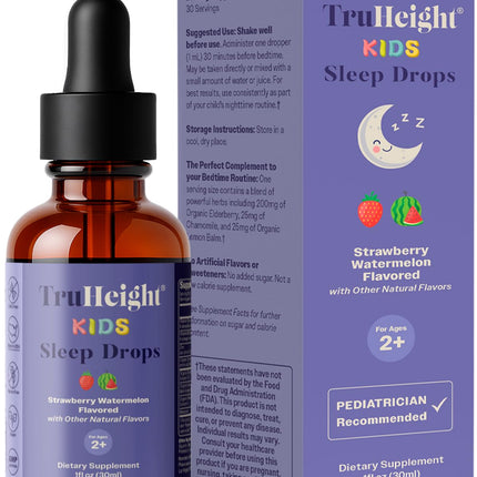 TruHeight Kids Sleep Tincture Ages 2+ (Watermelon Flavor) - Babies, Toddlers & Kids Natural Sleep Aid - Baby, Toddler, Child Melatonin 2 Year Old+ - Vitamin B6, Riboflavin, Zinc, Copper, Lemon Balm