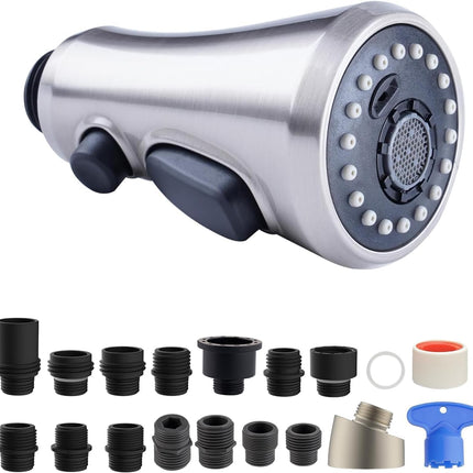 Hibbent Pull Down Spray Head for Kitchen Faucet, NSF/ANSI/CAN 61 & CUPC Certified 3-Function Spray Nozzle, 15 Adapters, Sink Faucet Head Replacement Compatible with Moen, Delta, Kohler, Brushed Nickel