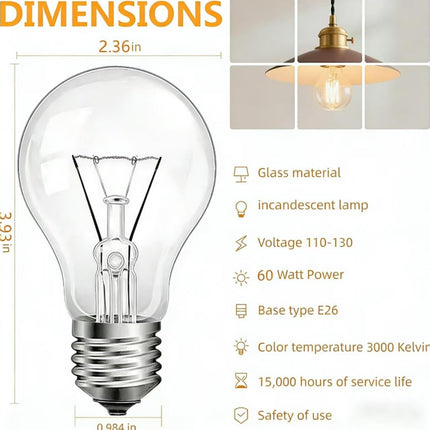 JUNFMLY Clear 60 Watt Incandescent Light Bulbs, A19 Shape, Dimmable, 2700K Soft White, E26 Base, 6 Pack